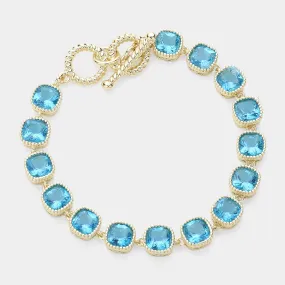 14 Karat Gold Plated Aqua Blue Square CZ Stone Link Evening Toggle Bracelet