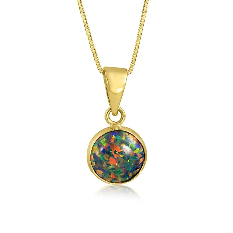 14K Yellow Gold Round Black Opal 8mm Pendant