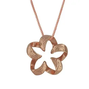 14kt Rose Gold Plated Sterling Silver Engraved Small Open Plumeria Pendant Necklace, 16 2" Extender