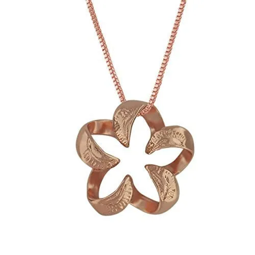 14kt Rose Gold Plated Sterling Silver Engraved Small Open Plumeria Pendant Necklace, 16 2" Extender