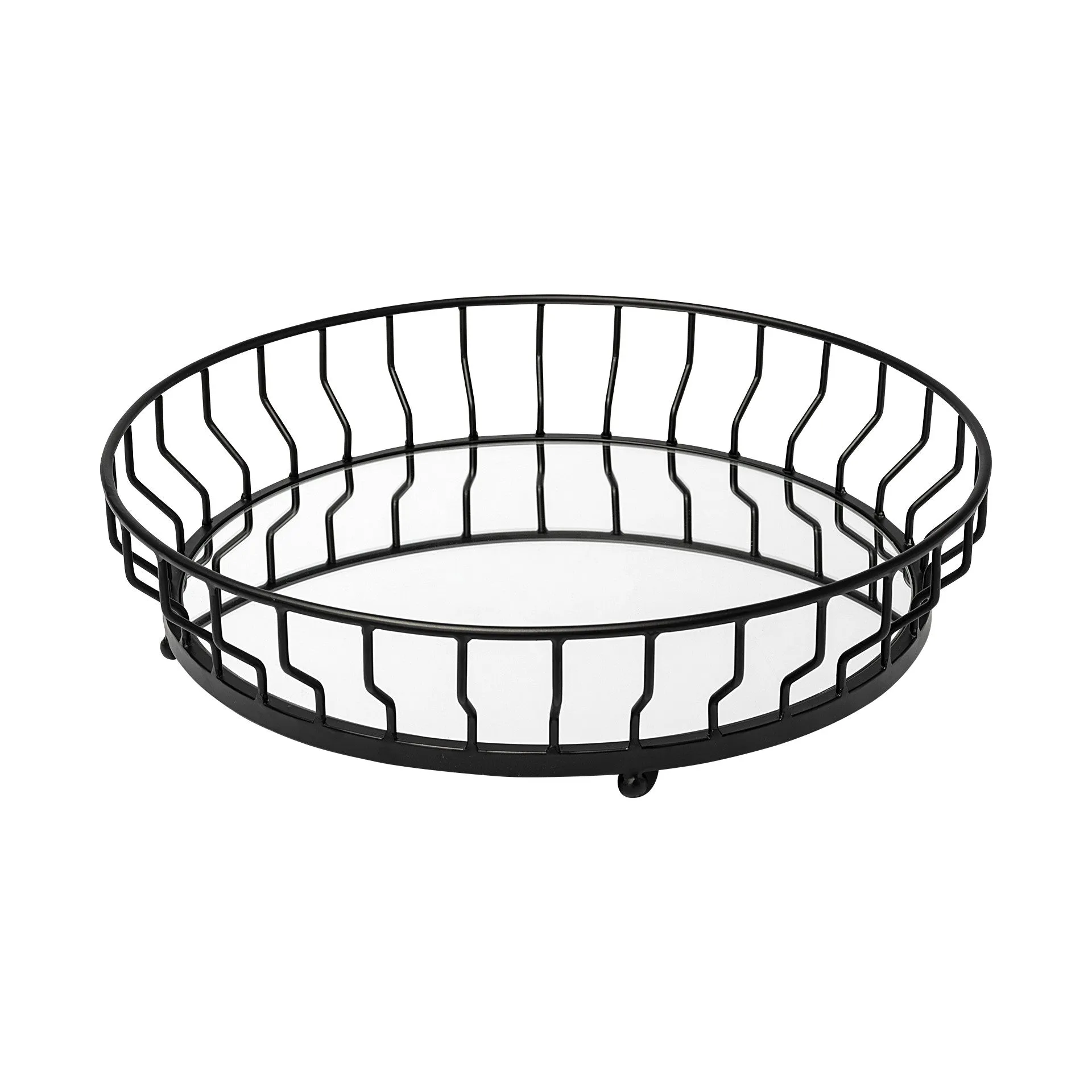 20' Matte Black Wavy Metal With Mirrored Glass Bottom Round Tray By Homeroots