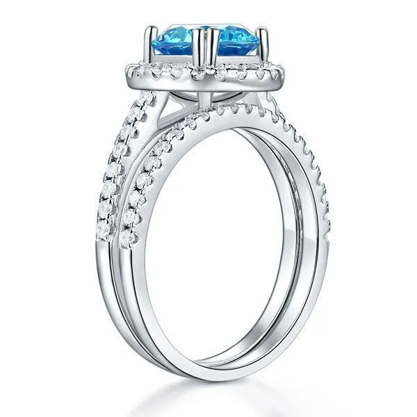 925 Sterling Silver Wedding Engagement Halo Ring Set 2 Carat Blue Created Zirconia MXFR8219