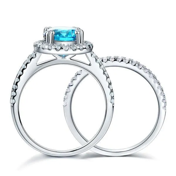 925 Sterling Silver Wedding Engagement Halo Ring Set 2 Carat Blue Created Zirconia MXFR8219