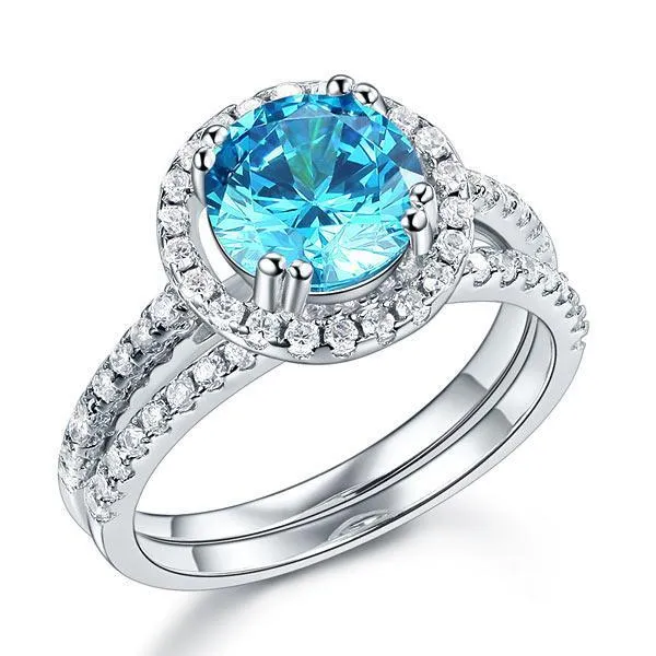 925 Sterling Silver Wedding Engagement Halo Ring Set 2 Carat Blue Created Zirconia MXFR8219