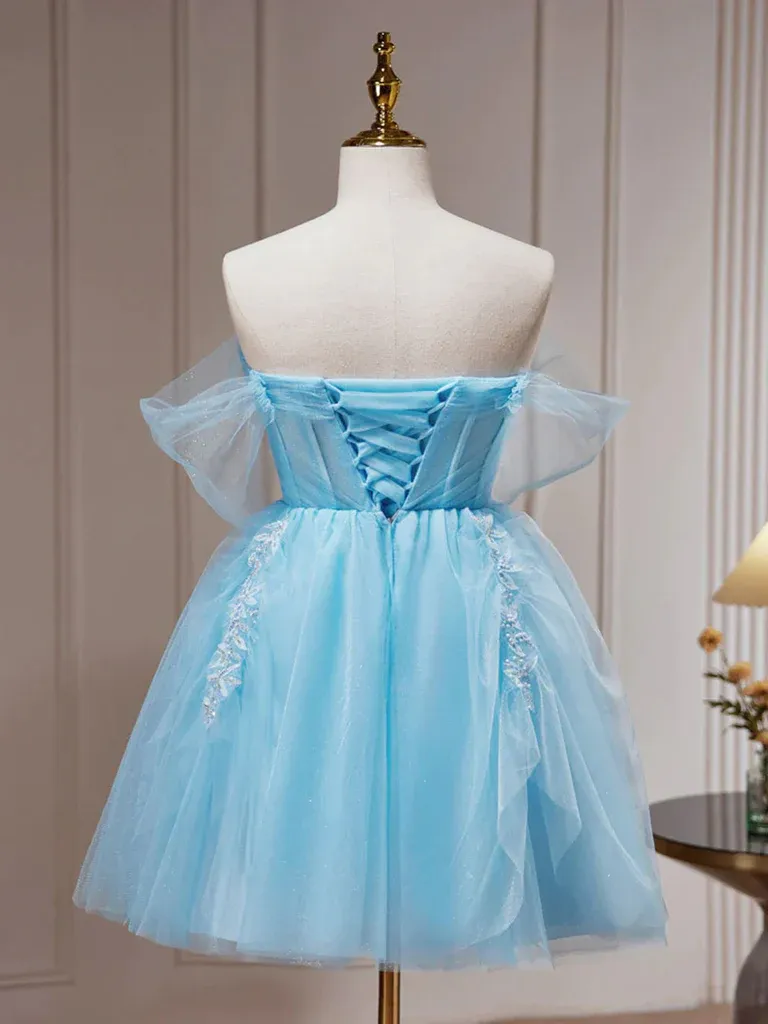 A Line Blue Tulle Short Beaded Prom Dresses, Short Blue Graduation Homecoming Evening Dresses