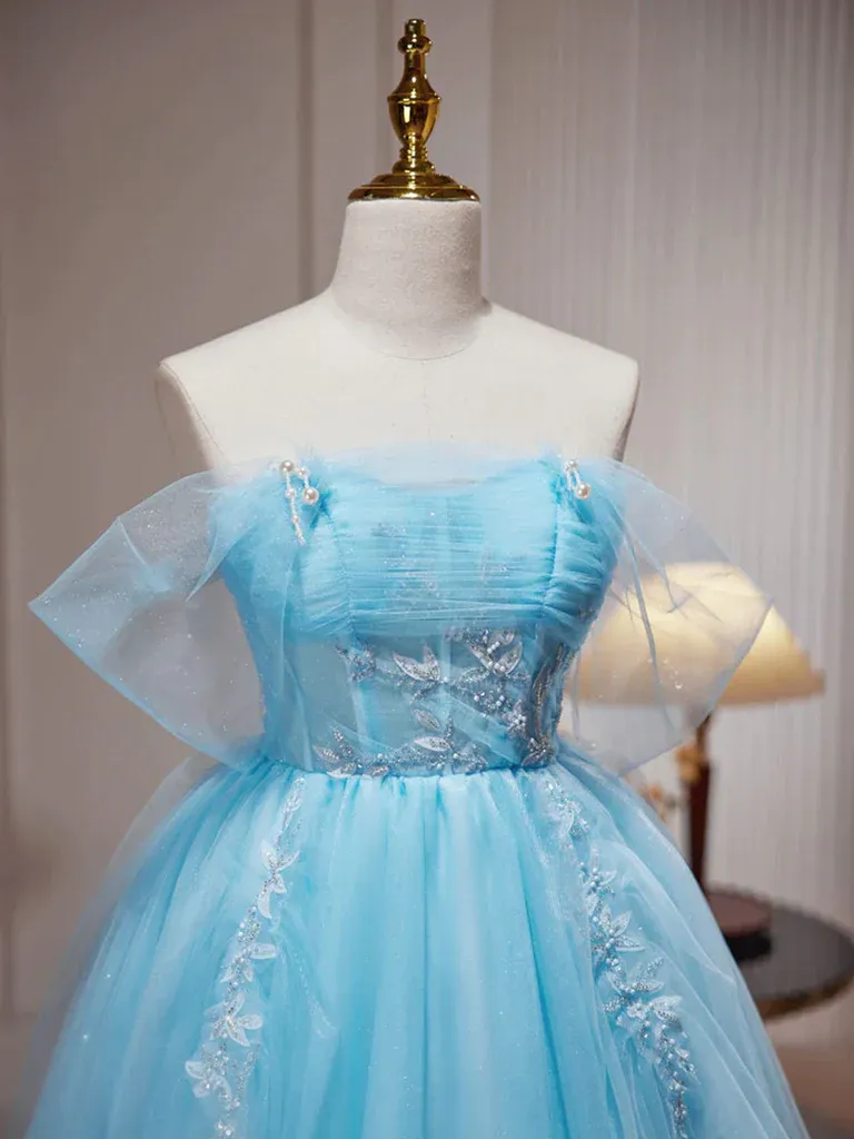 A Line Blue Tulle Short Beaded Prom Dresses, Short Blue Graduation Homecoming Evening Dresses