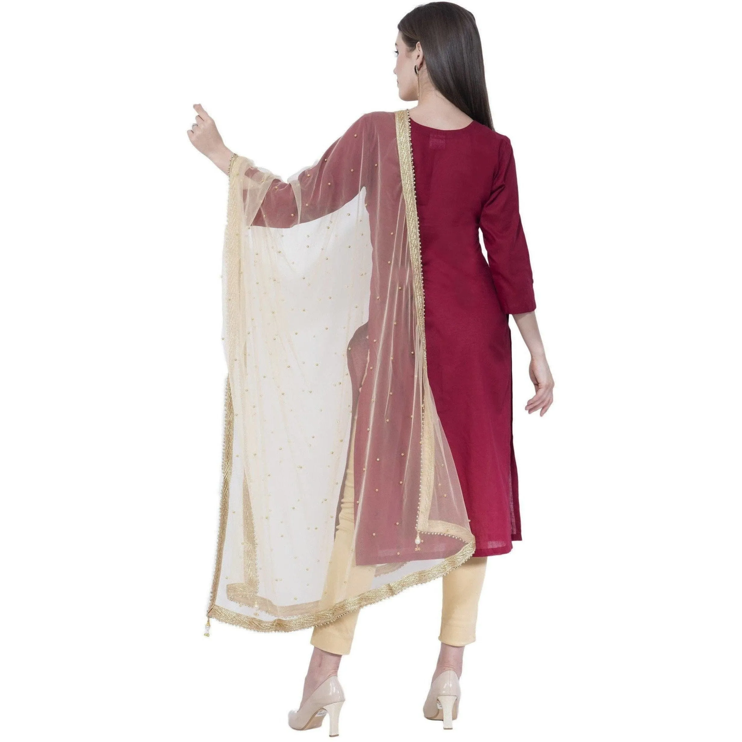 A R Silk Women's Moti Work Net Off White Dupattas and Chunnis