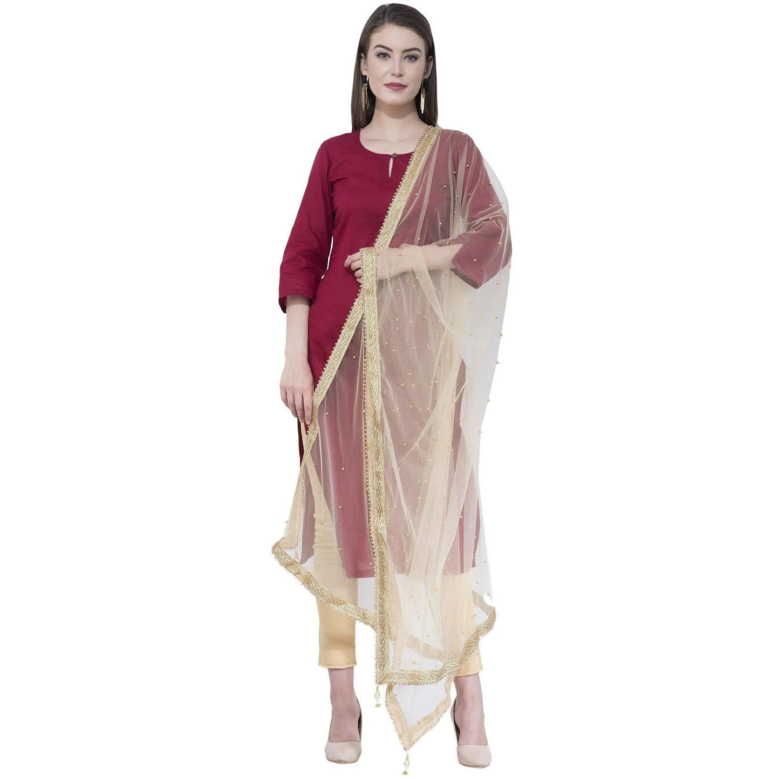 A R Silk Women's Moti Work Net Off White Dupattas and Chunnis