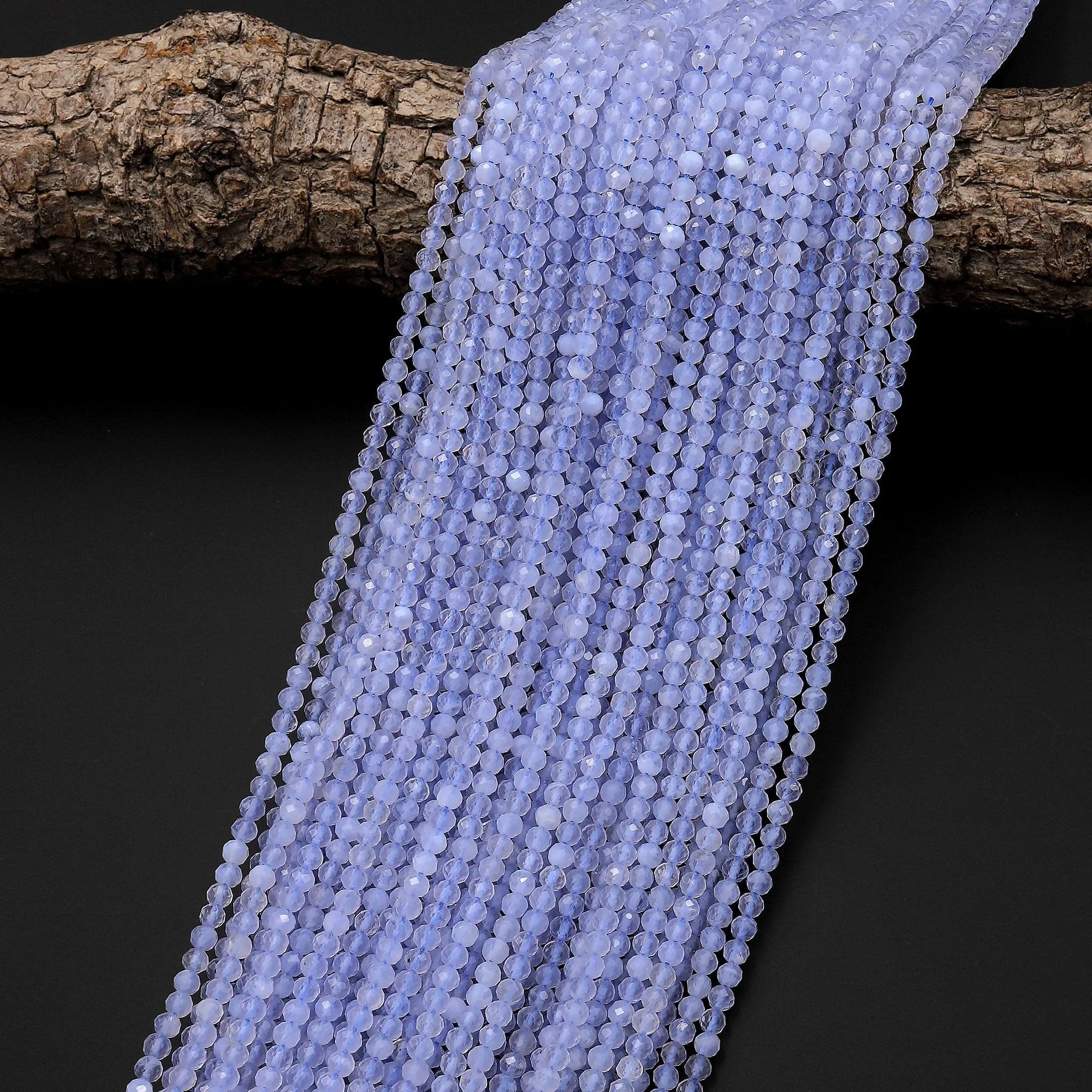 AAA Faceted Natural Blue Lace Agate 3mm 4mm Round Beads Blue Chalcedony 15.5" Strand