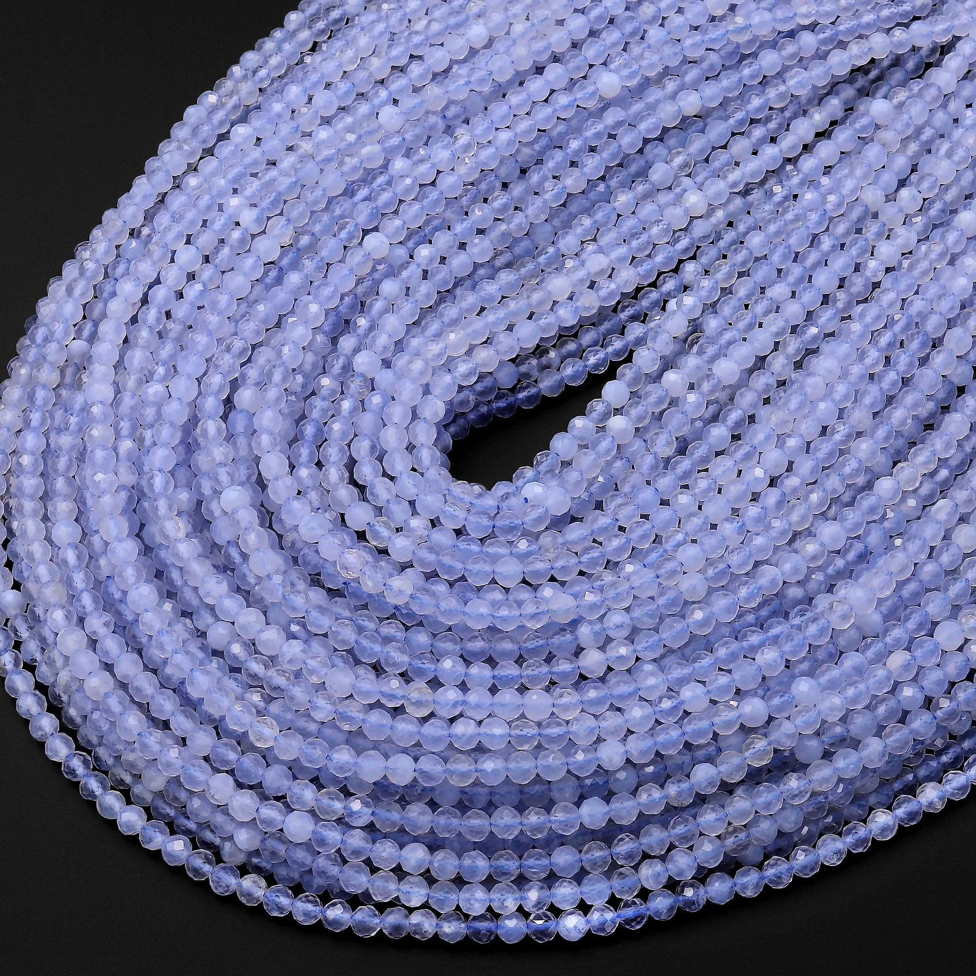 AAA Faceted Natural Blue Lace Agate 3mm 4mm Round Beads Blue Chalcedony 15.5" Strand