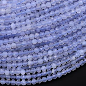 AAA Faceted Natural Blue Lace Agate 3mm 4mm Round Beads Blue Chalcedony 15.5" Strand