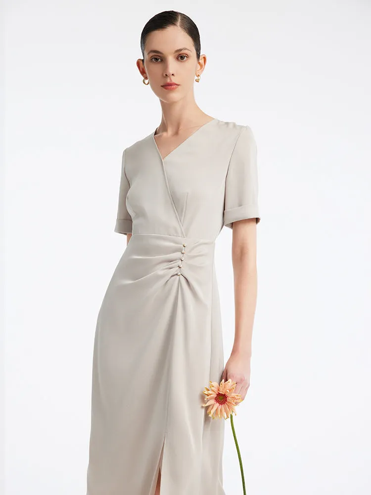 Acetate Beige V-neck Midi Dress