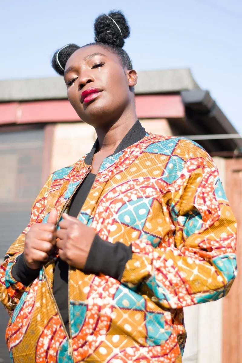 African Bomber Jacket in Orange Gold Ankara- Festival Clothing