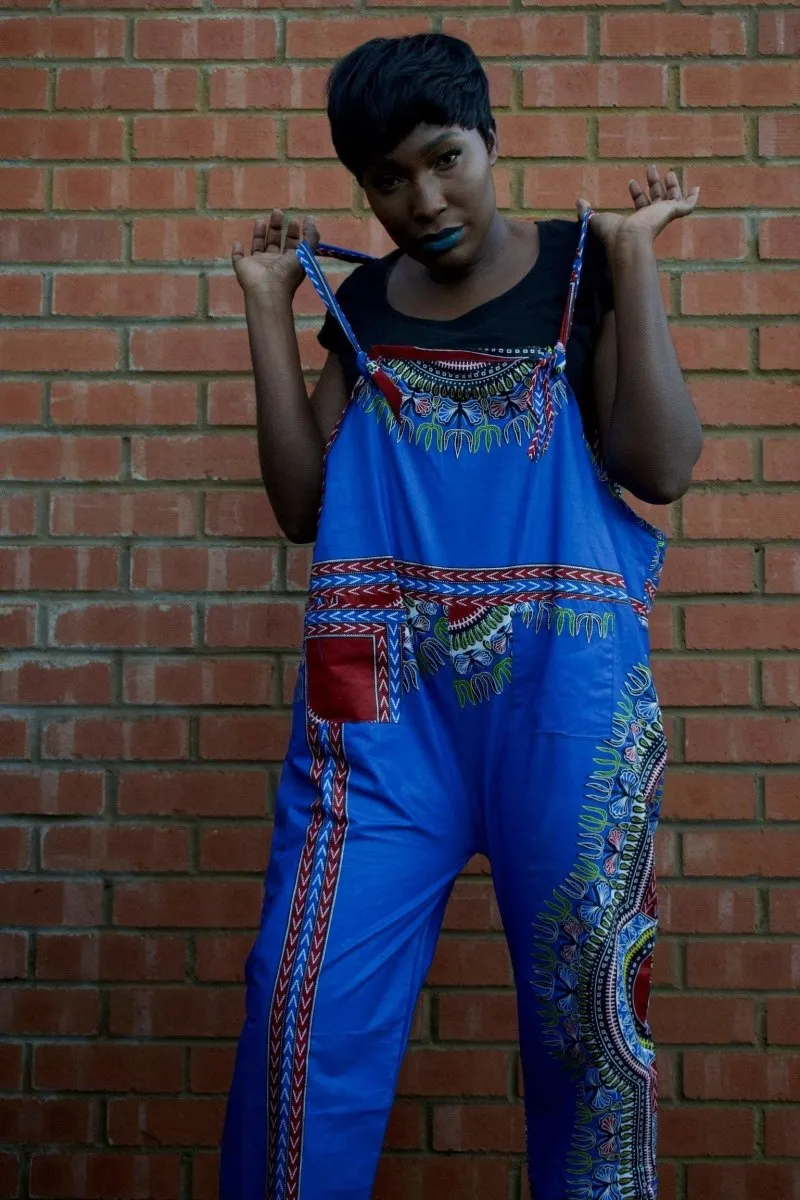 African Dungarees in Blue Dashiki Print - Festival Dungarees