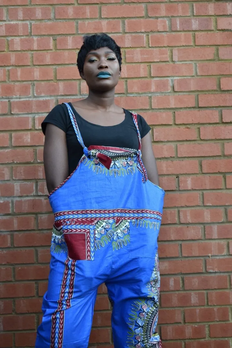 African Dungarees in Blue Dashiki Print - Festival Dungarees