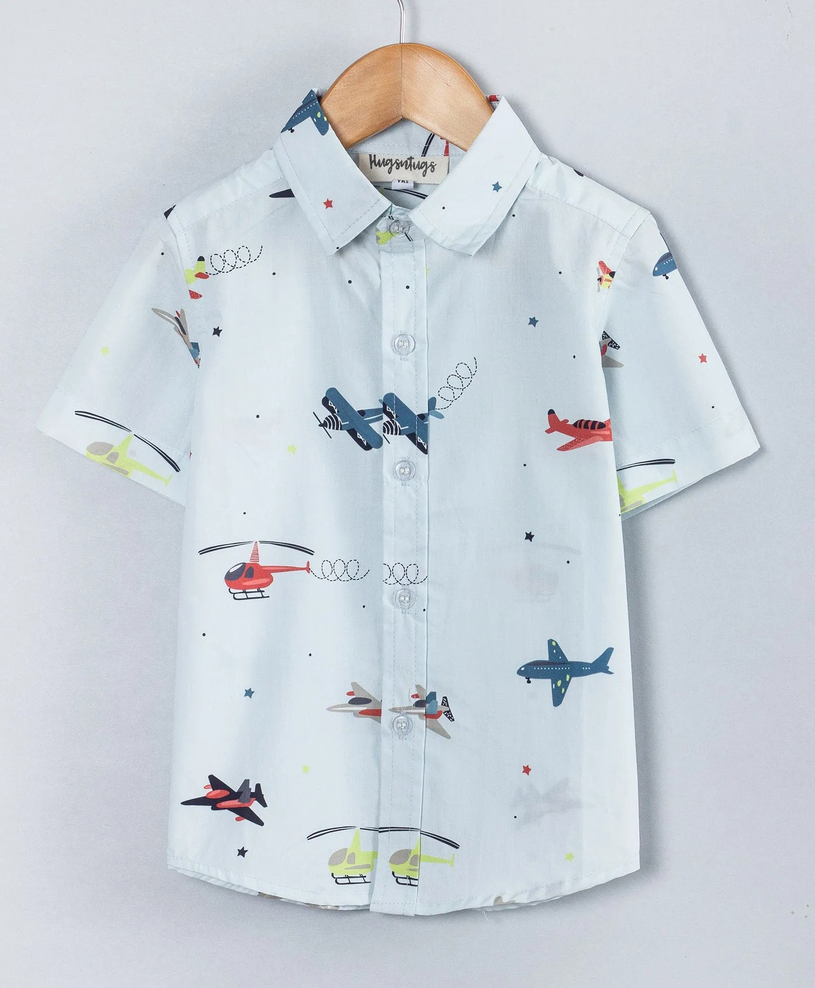 Airplane print half sleeves boys shirt-Sky Blue