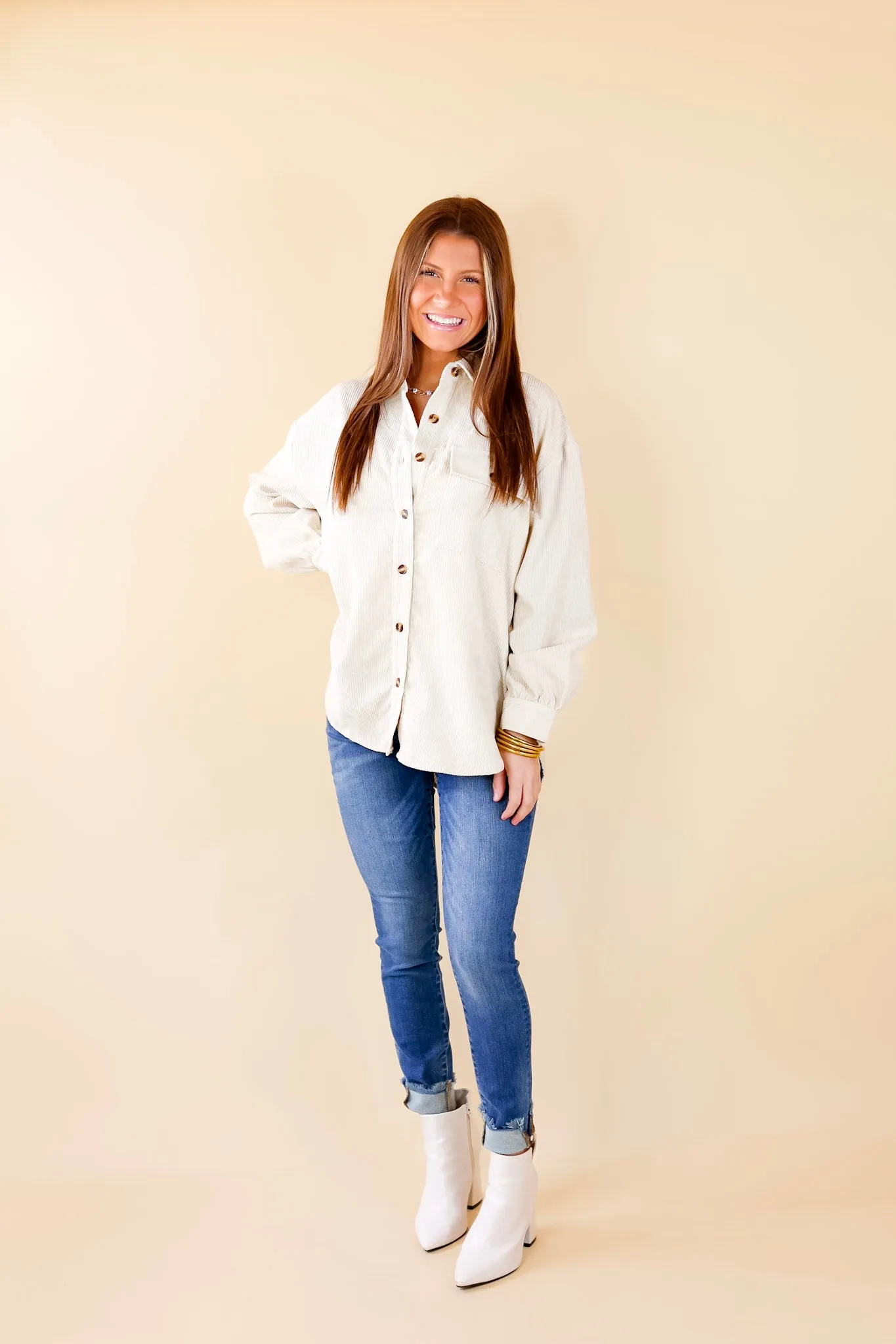 All Dolled Up Button Up Corduroy Shacket in Ivory