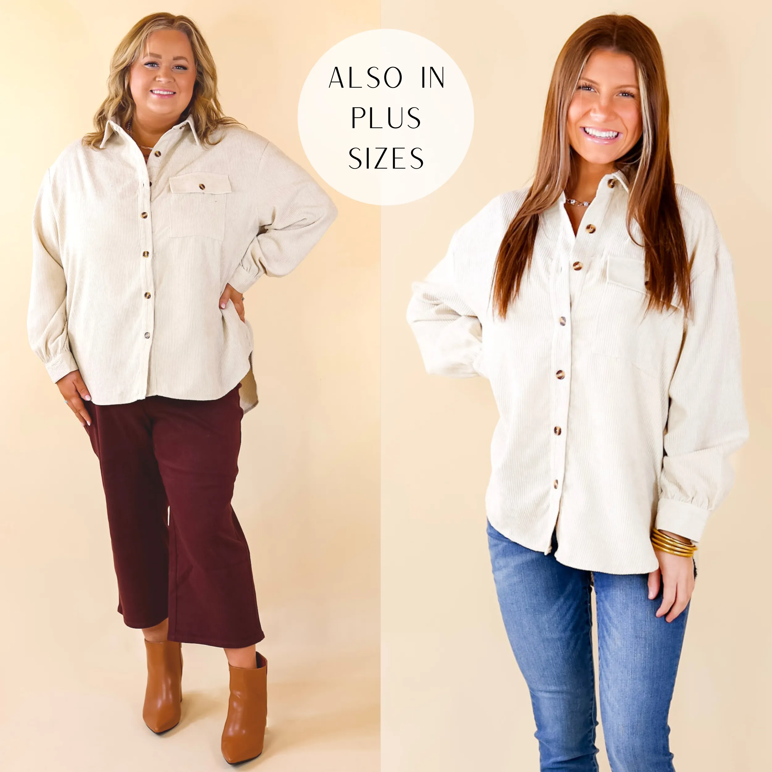 All Dolled Up Button Up Corduroy Shacket in Ivory