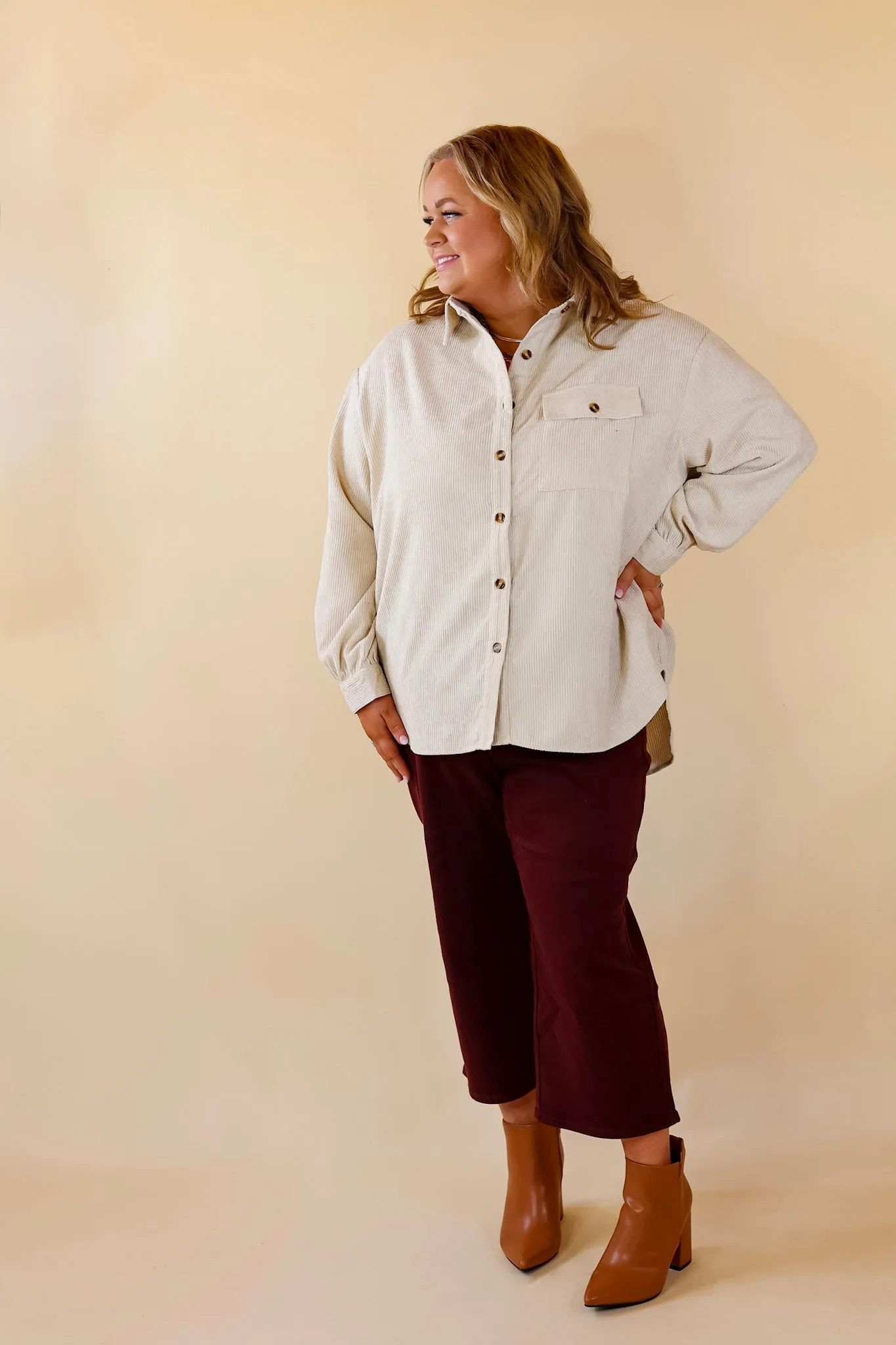 All Dolled Up Button Up Corduroy Shacket in Ivory