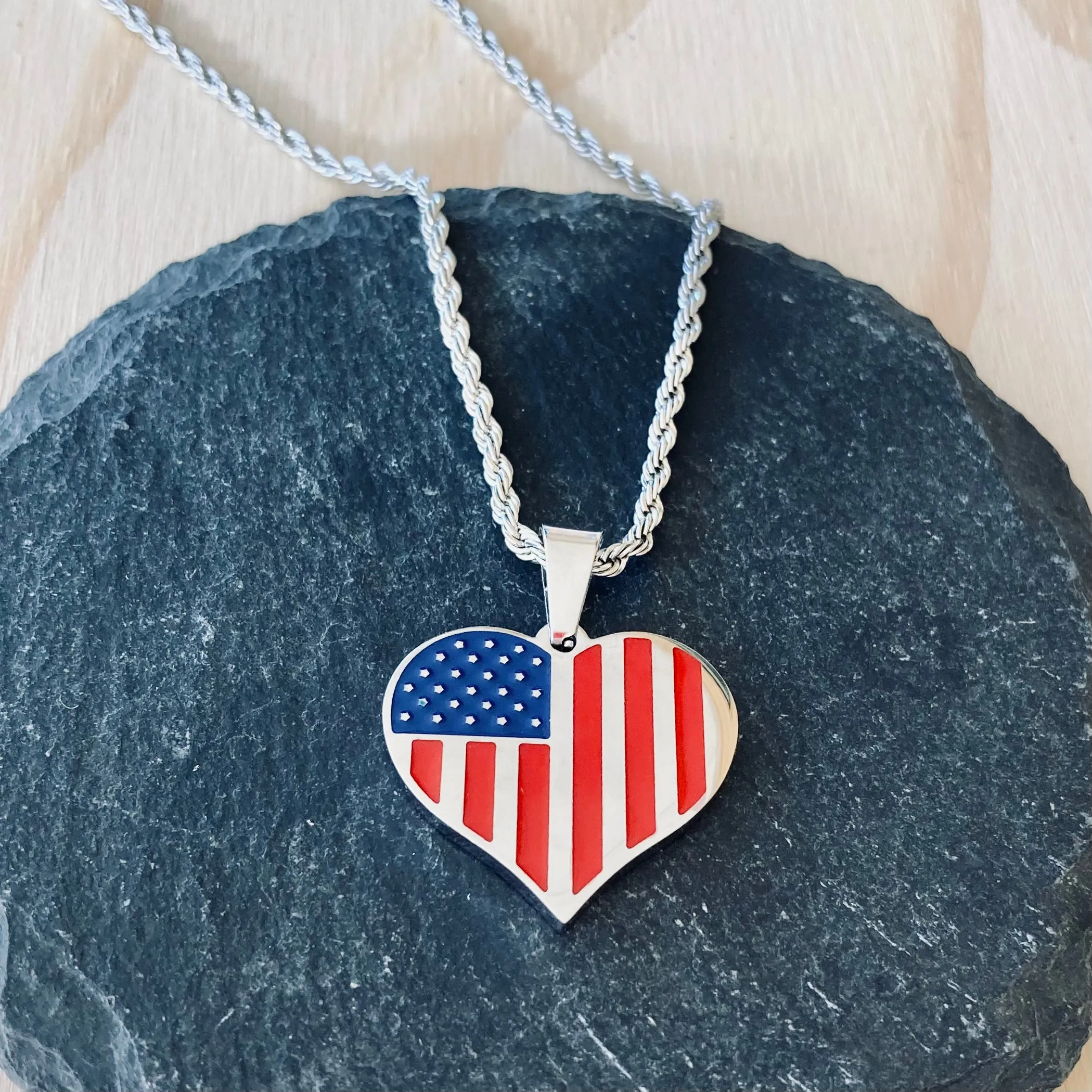 American Flag Heart Red, White & Blue Pendant - Rope Necklace - SLC775 CLEARANCE