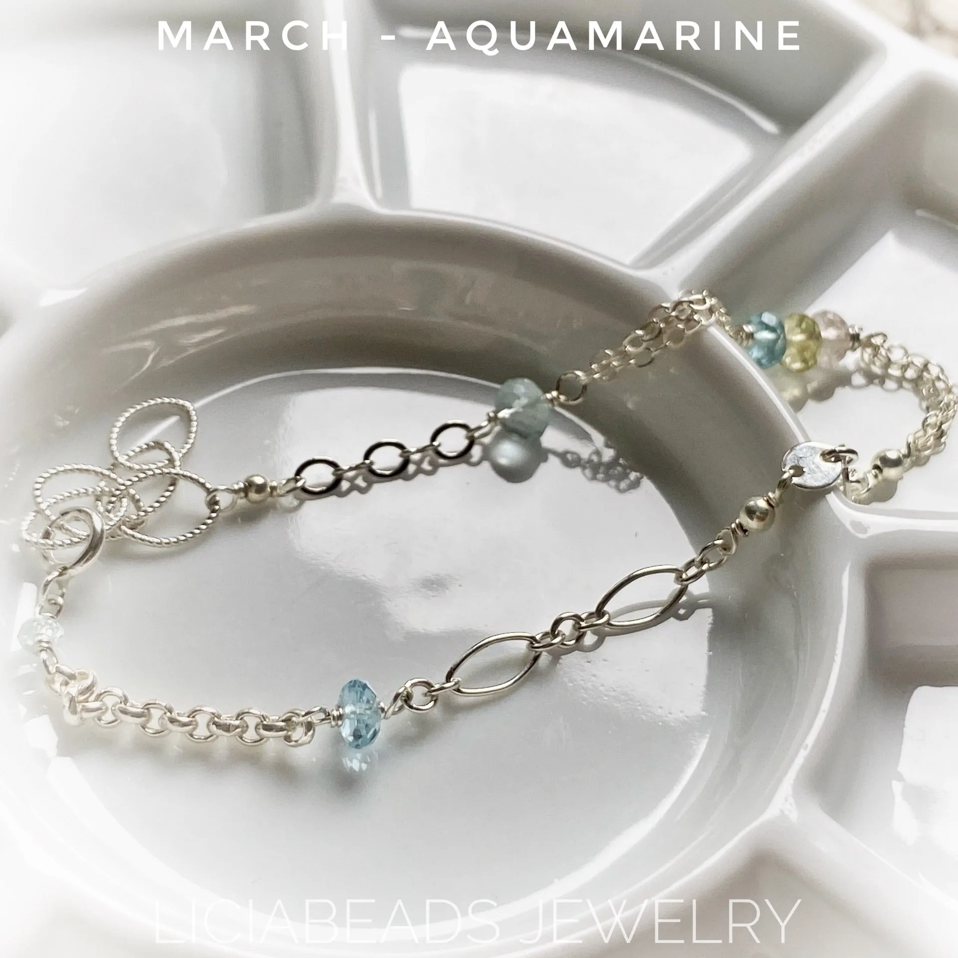 Aquamarine - March birthstone bracelet fits 6.5 to 7.5”