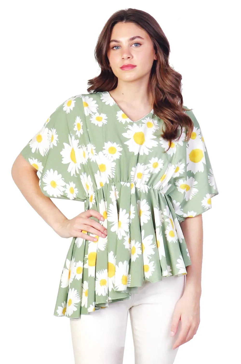 Asymmetrical Stretchy Floral Top - Green/White