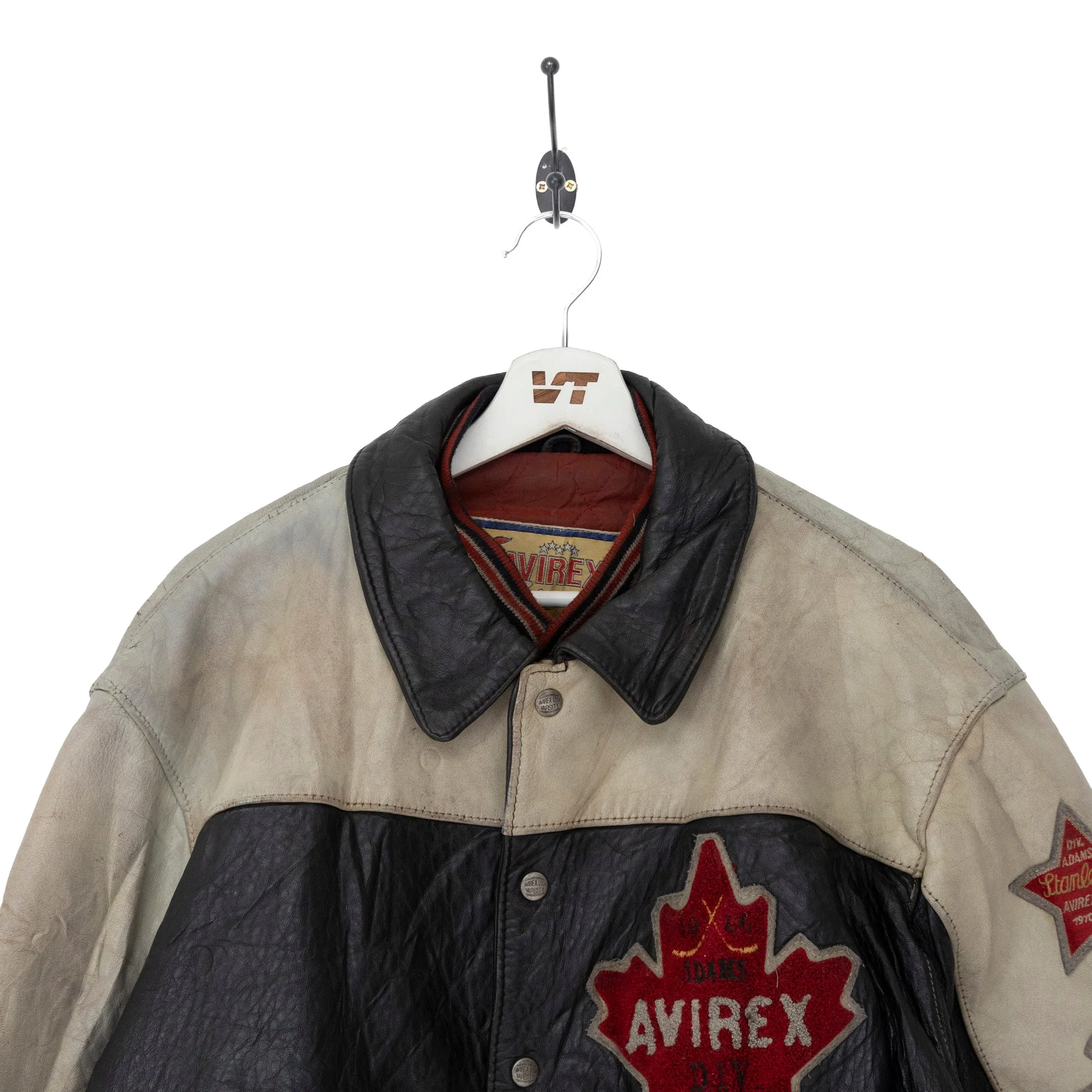 Avirex 'Sport' Maple Leaf Two-Tone Leather Jacket Cream/Black