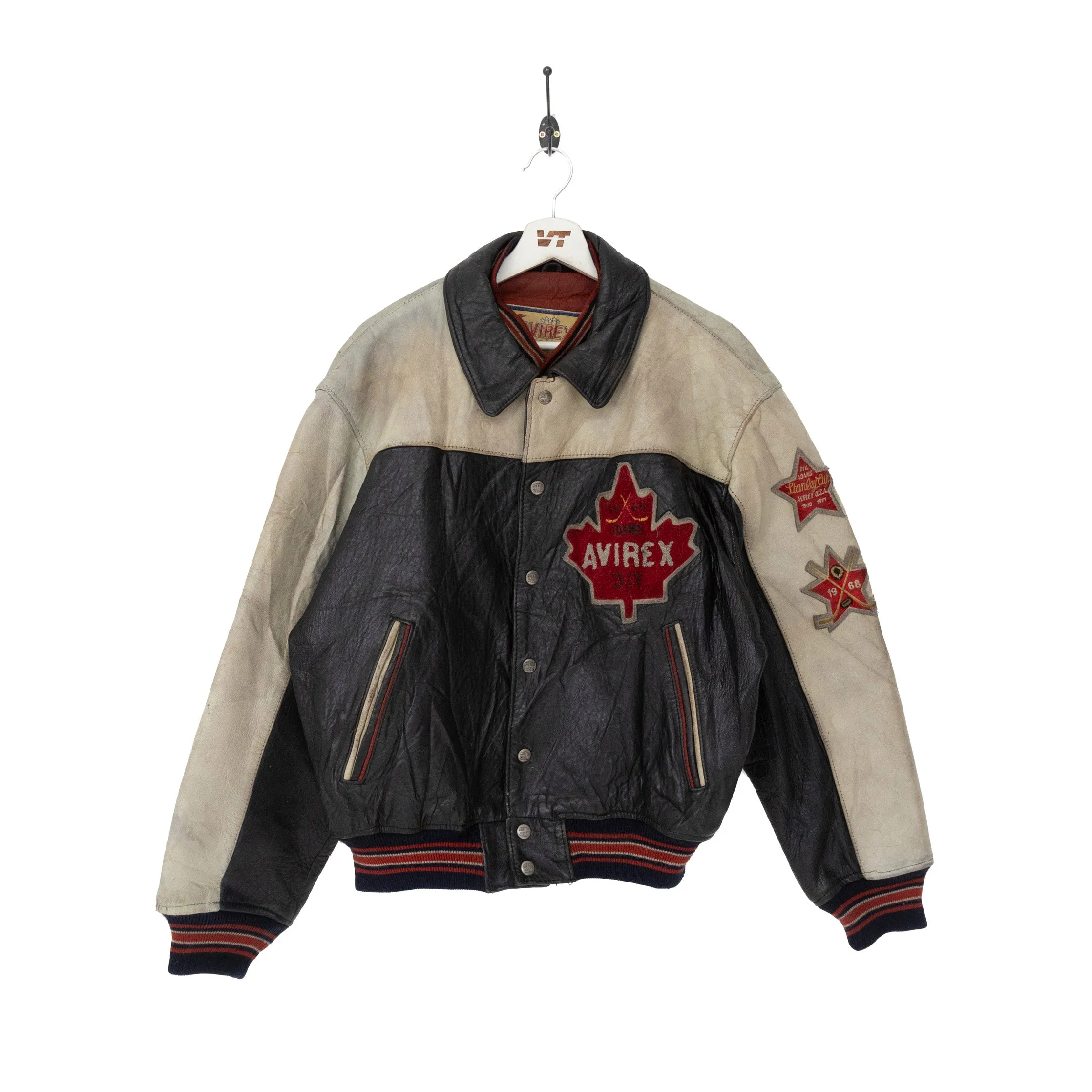 Avirex 'Sport' Maple Leaf Two-Tone Leather Jacket Cream/Black