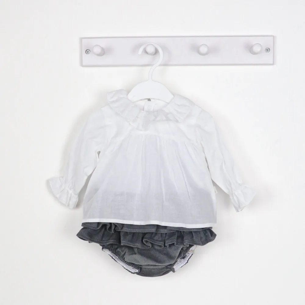 AW Baby Gi Frilly Fox Grey Bloomers & White Frill Collar Top