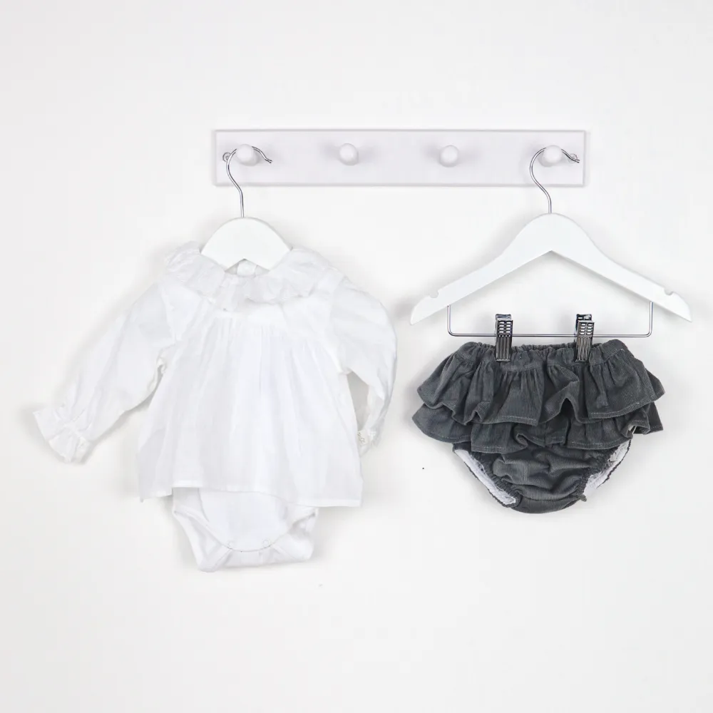 AW Baby Gi Frilly Fox Grey Bloomers & White Frill Collar Top