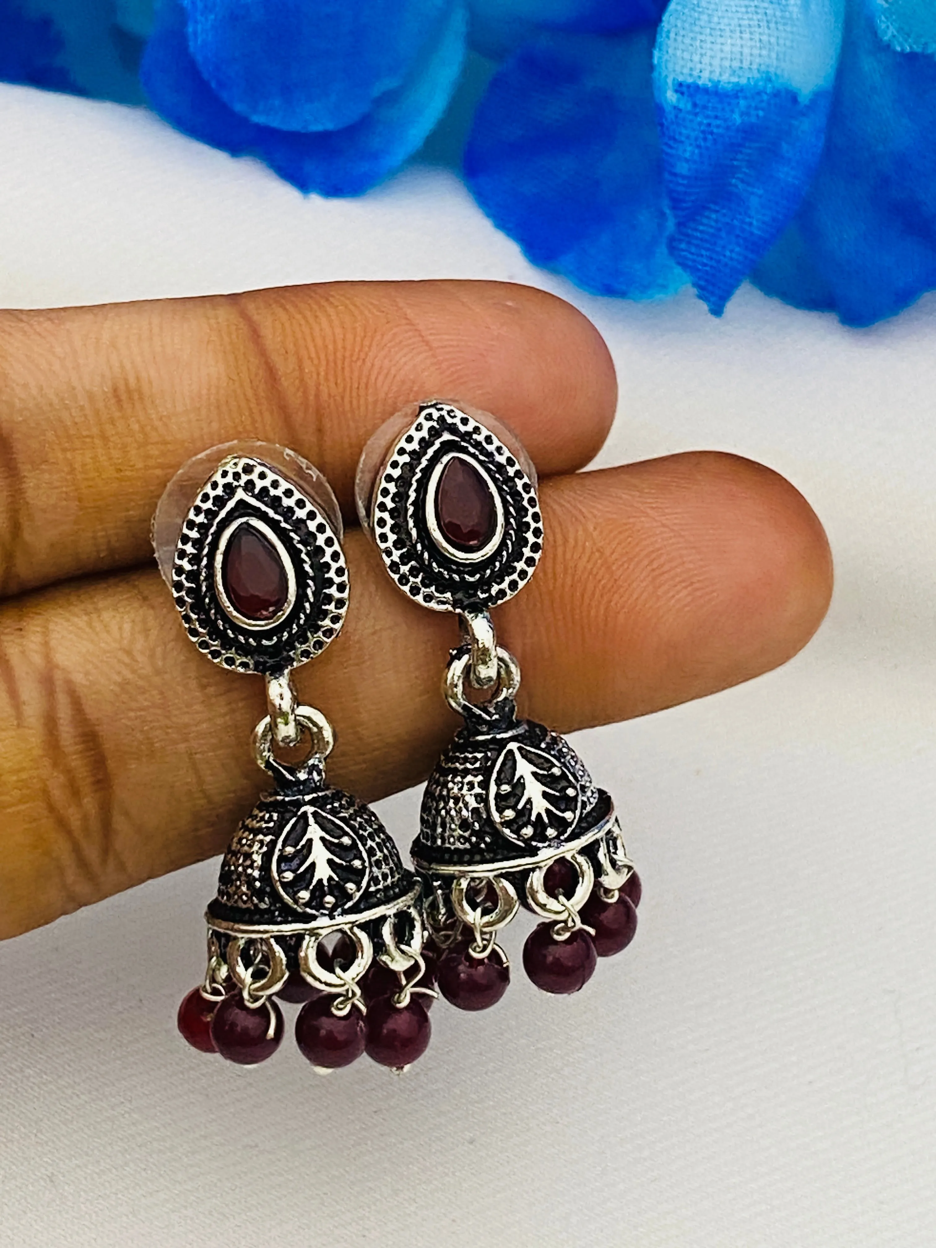 Beautiful Brown Color Crystal Ruby Silver Plated Oxidized Jhumka Earrings