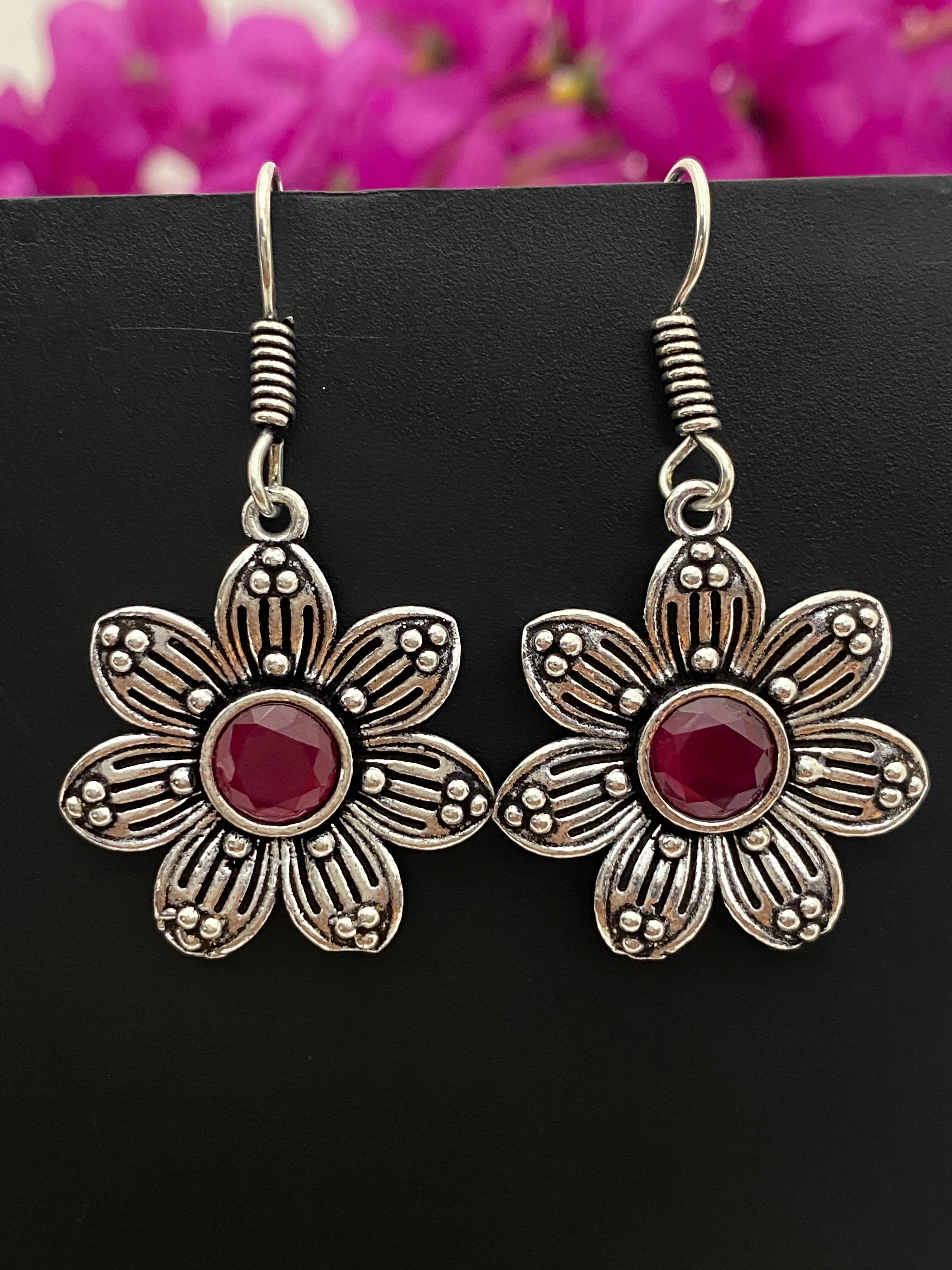 Beautiful Red Color Stone With Oxidized Earrings For Womens