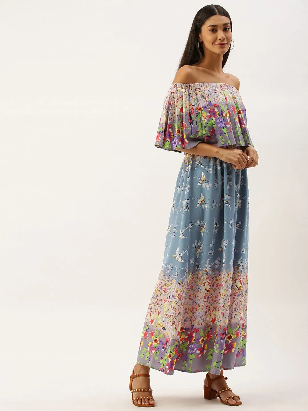 Berrylush Women Blue & White Floral Print Off-Shoulder Maxi Dress