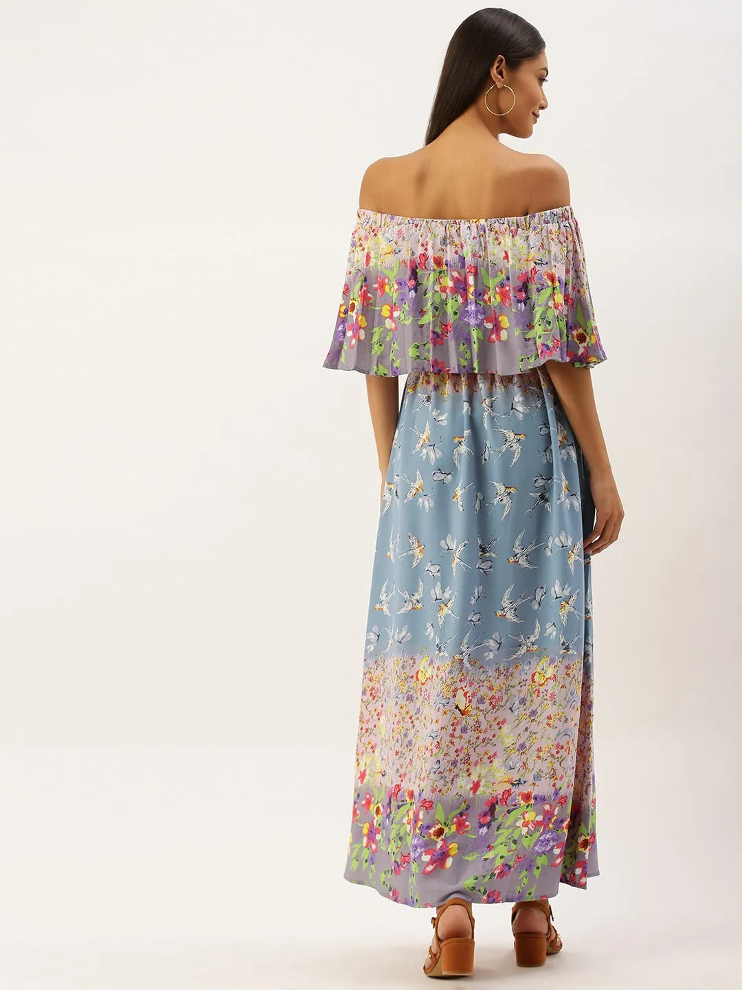 Berrylush Women Blue & White Floral Print Off-Shoulder Maxi Dress