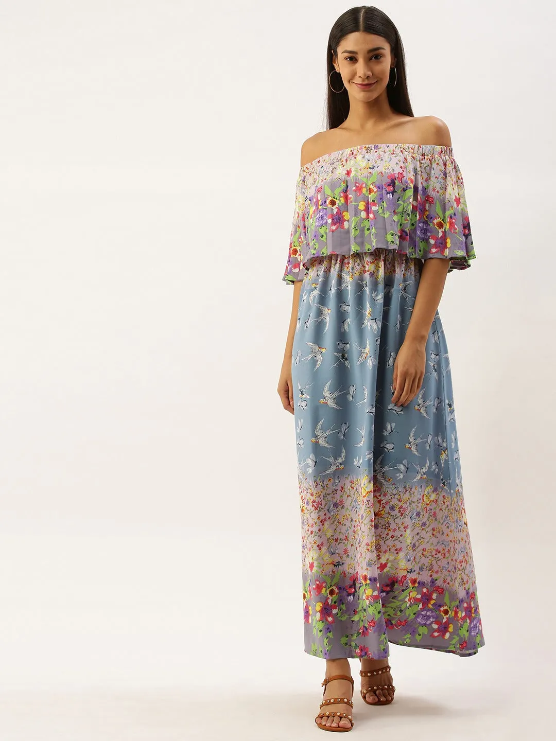 Berrylush Women Blue & White Floral Print Off-Shoulder Maxi Dress