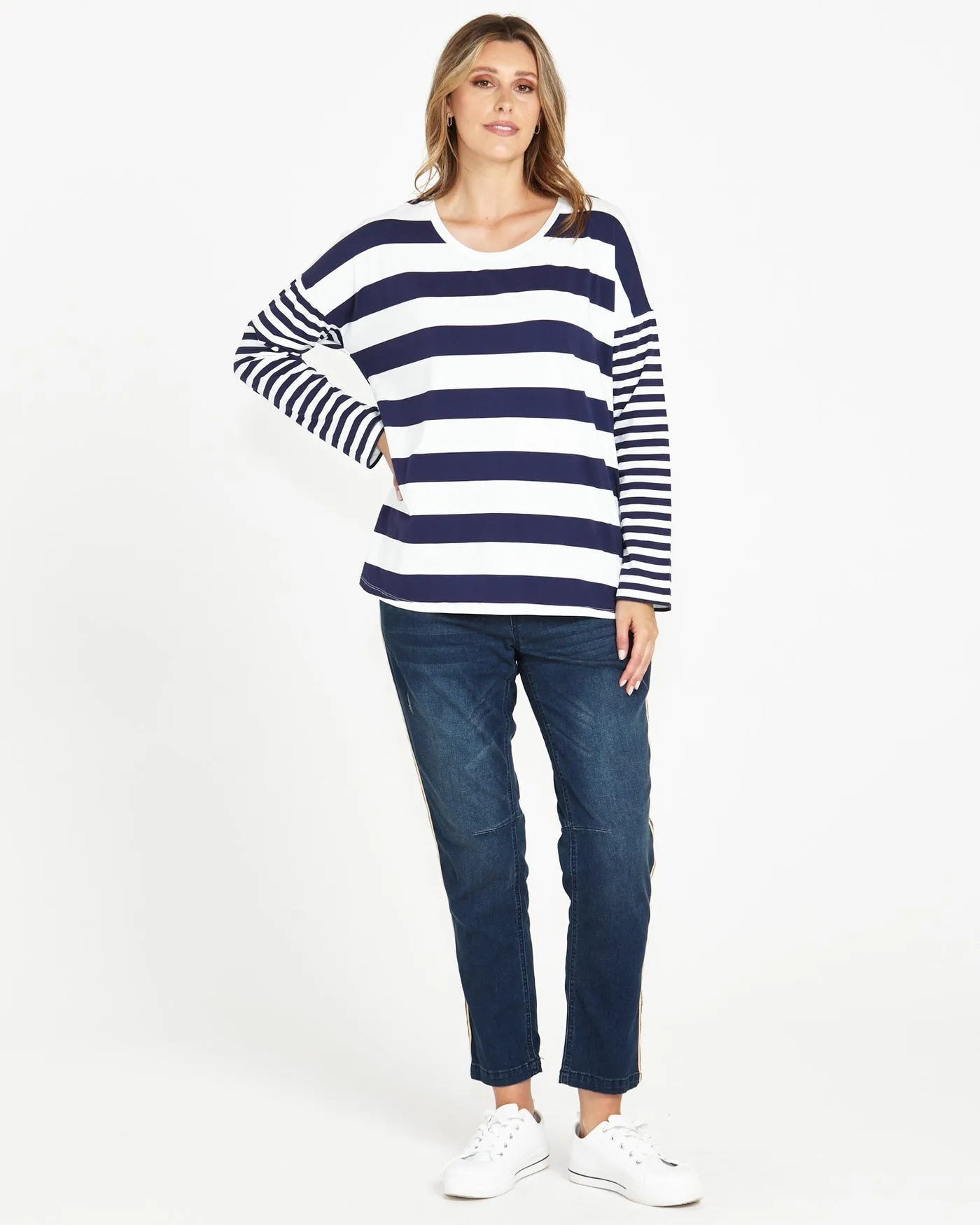 Betty Boxy Tee - Dark Blue Stripe