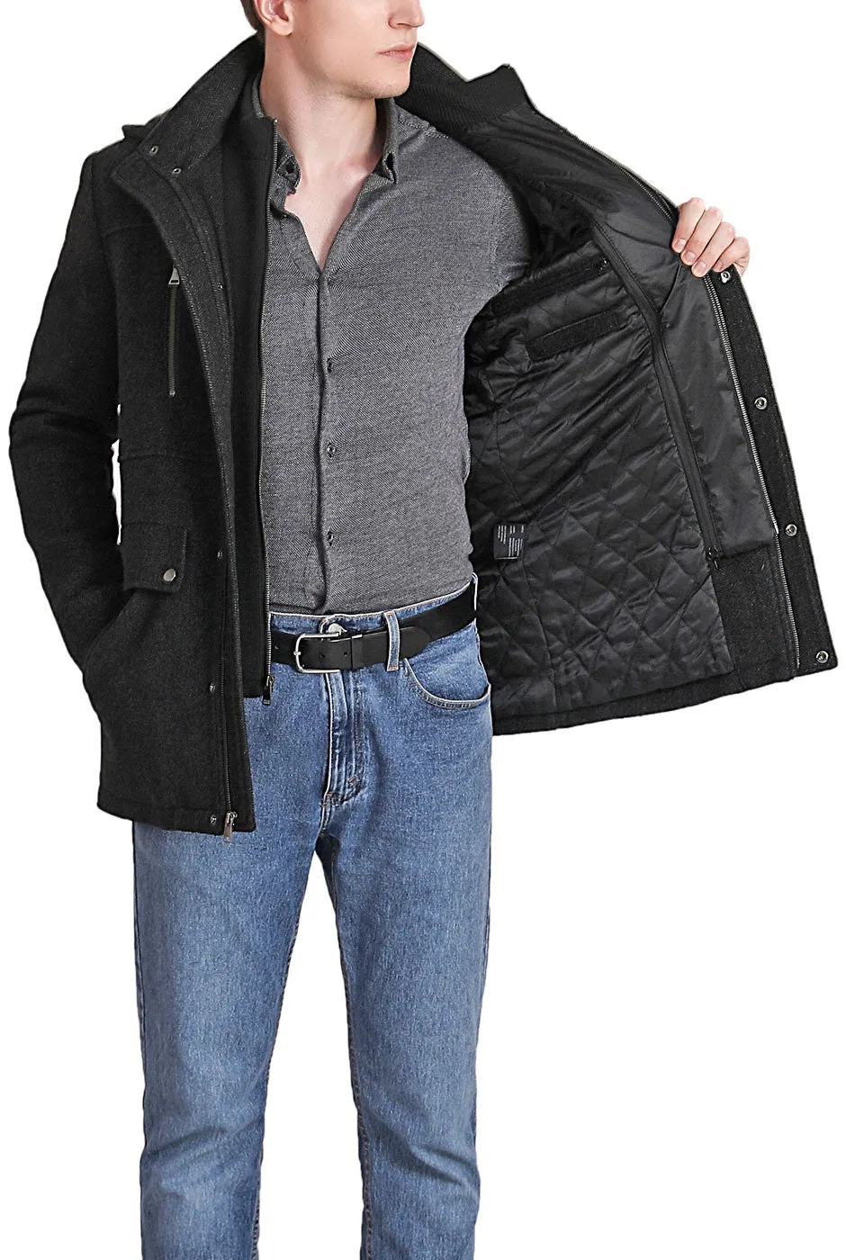 BGSD Men Adam Herringbone Wool Car Coat with Removable Bib