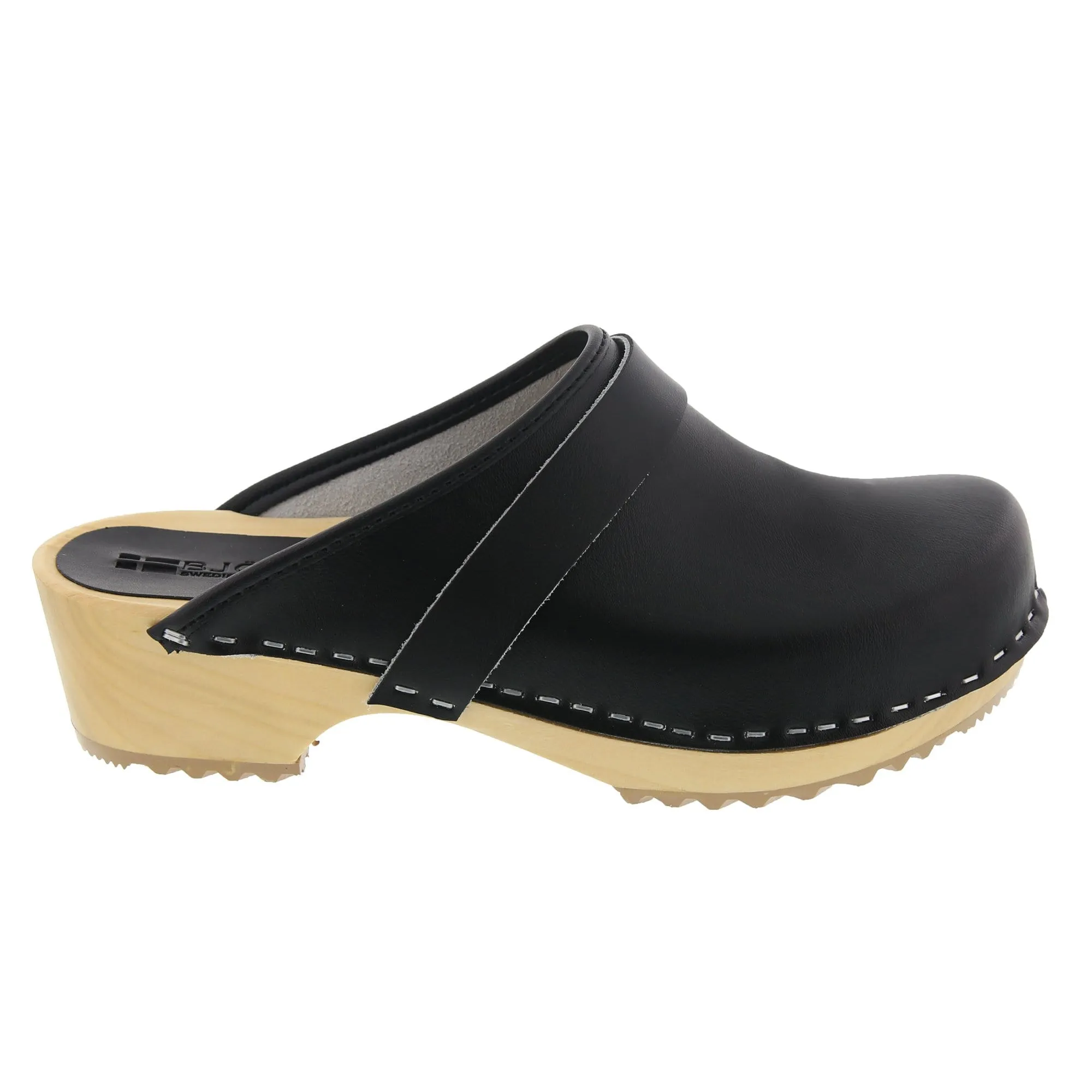 BJORK Maja Wood Open Back Black Leather Clogs