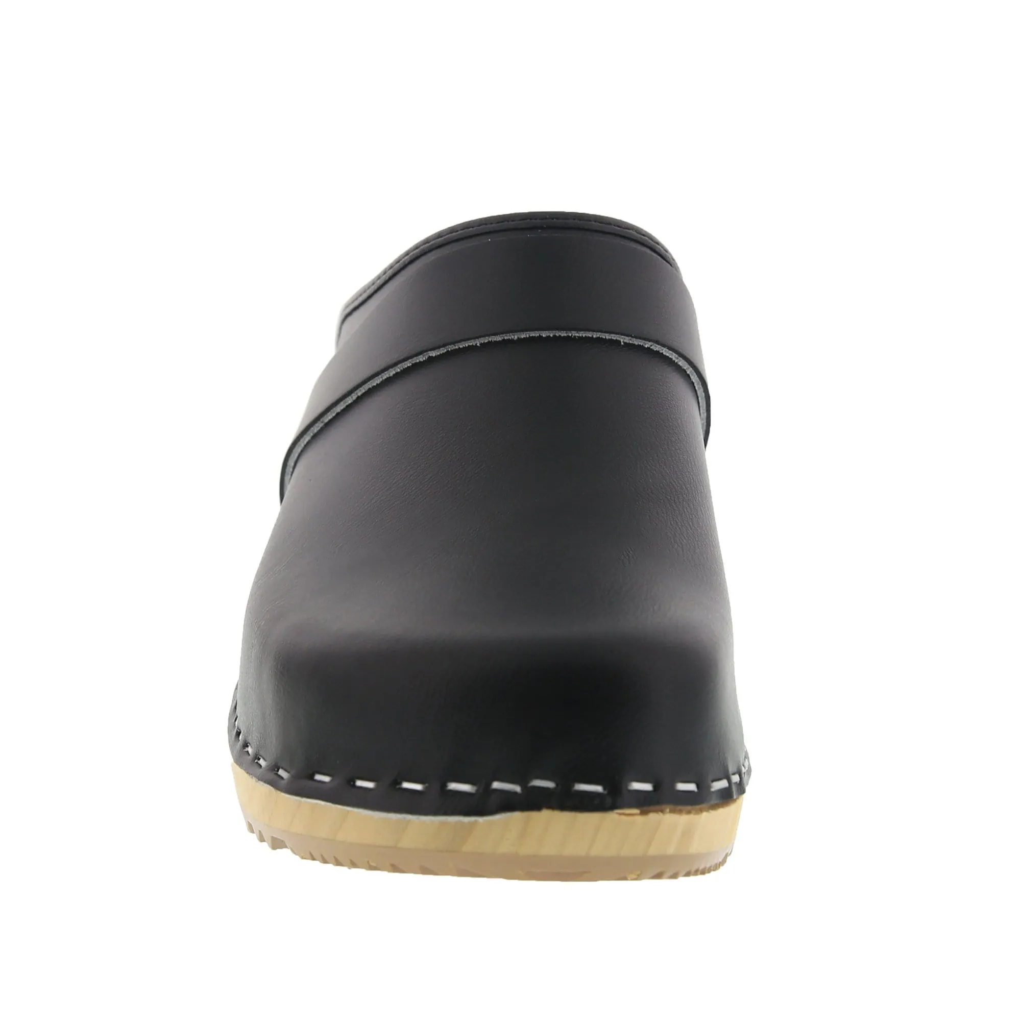 BJORK Maja Wood Open Back Black Leather Clogs