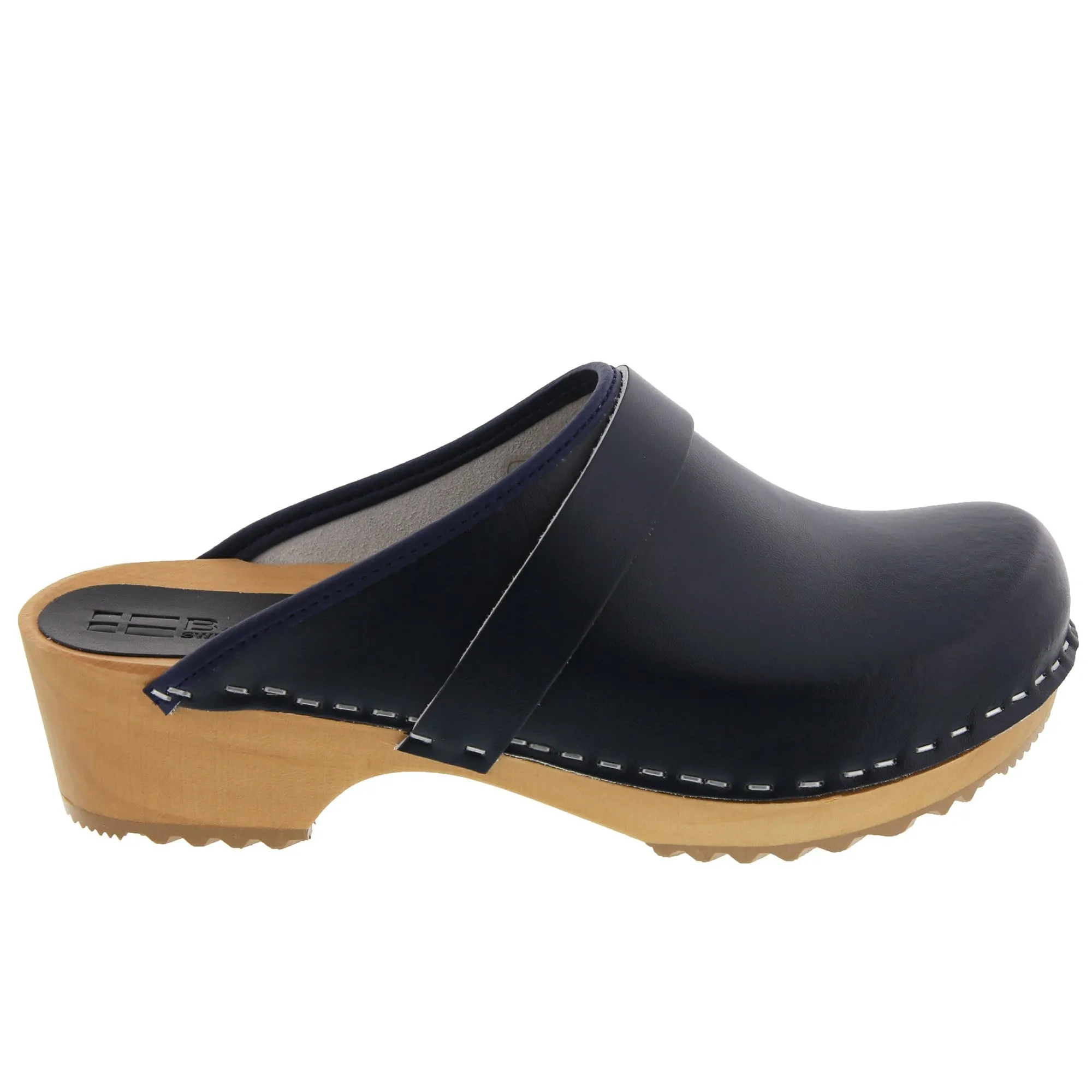 BJORK Maja Wood Open Back Black Leather Clogs