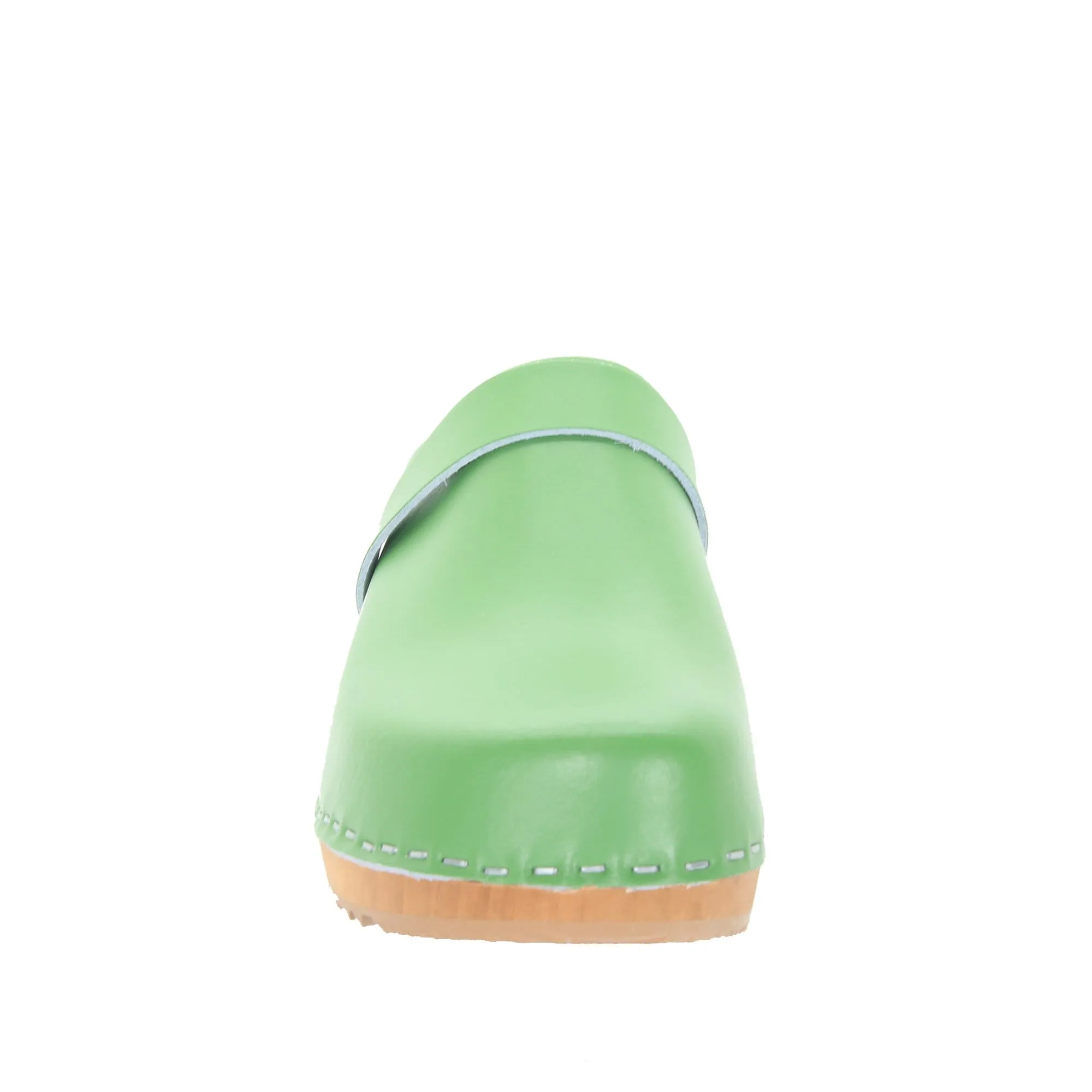 BJORK Maja Wood Open Back Green Leather Clogs - CLOSEOUT