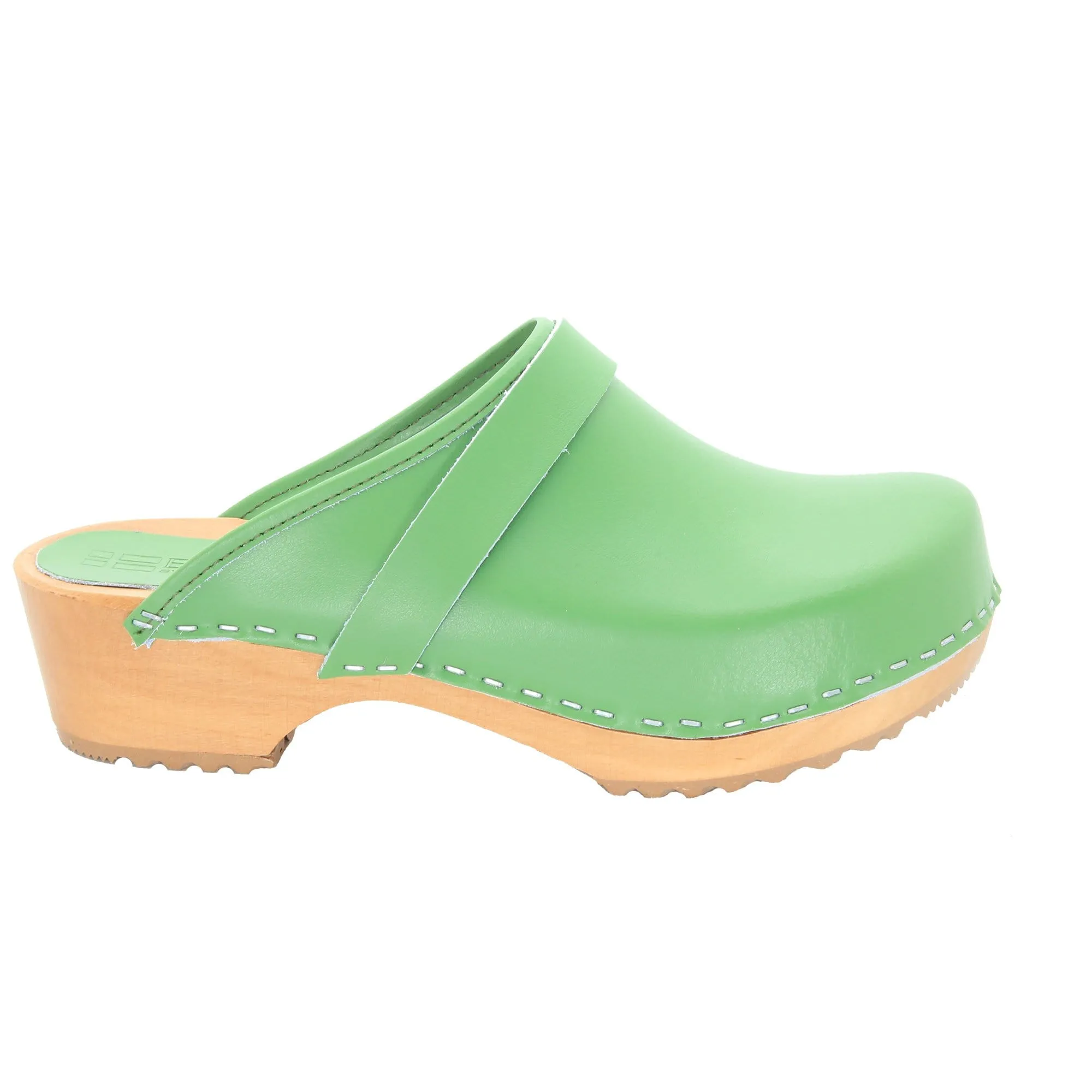 BJORK Maja Wood Open Back Green Leather Clogs - CLOSEOUT