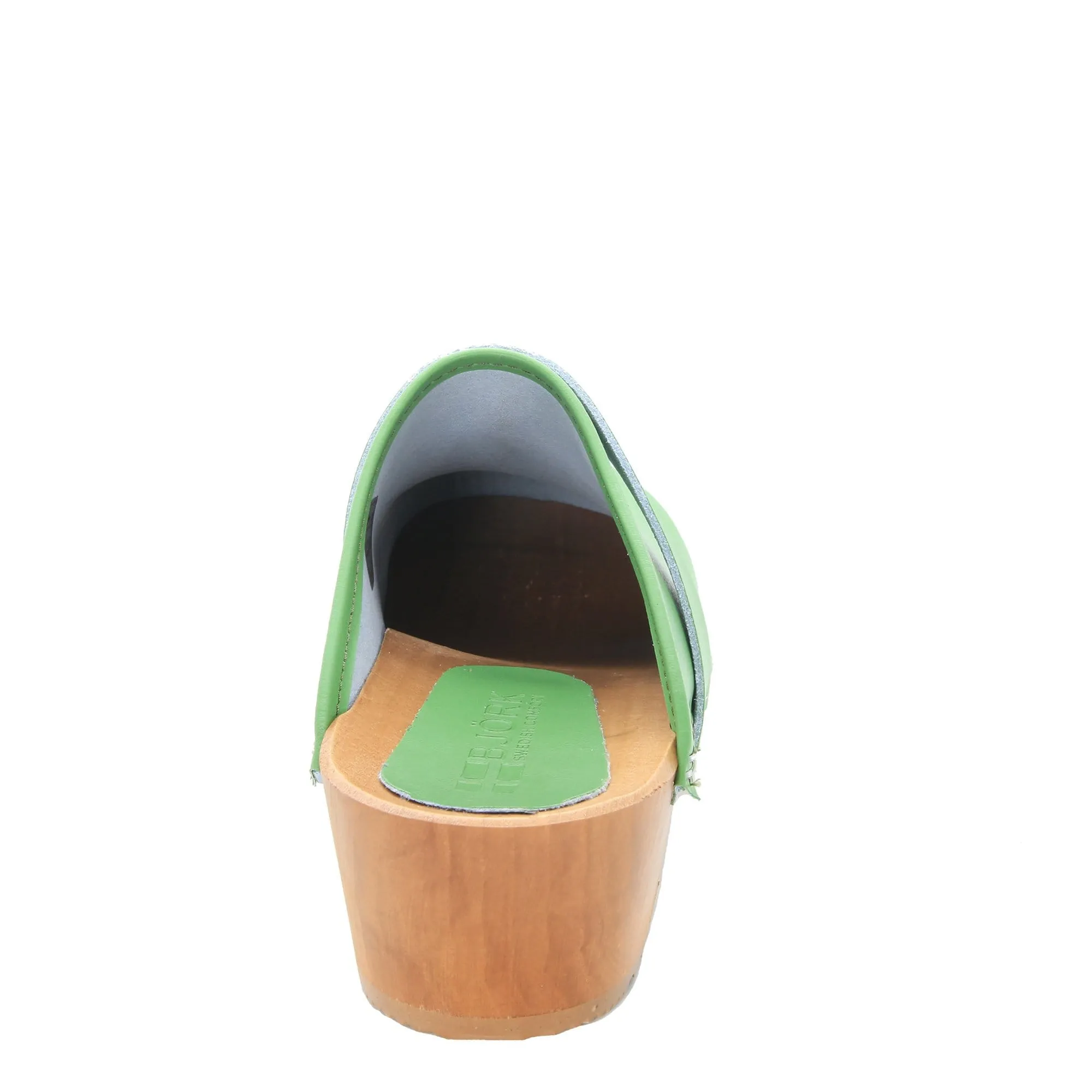 BJORK Maja Wood Open Back Green Leather Clogs - CLOSEOUT