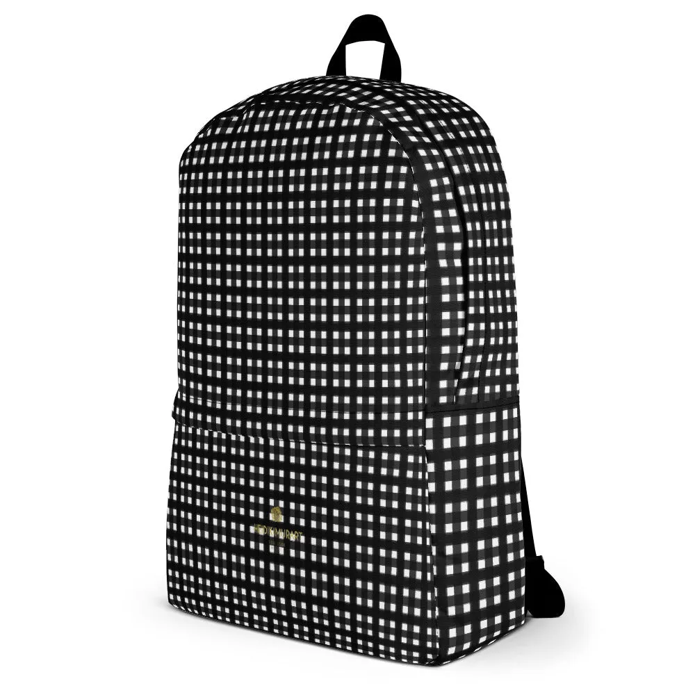 Black Buffalo Backpack, White Buffalo Plaid Print Classic Travel Laptop Bag- Made in USA/EU