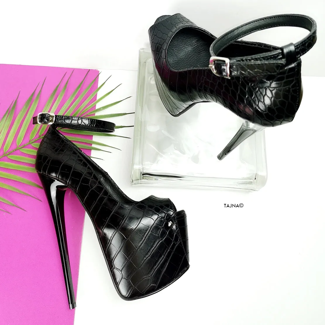 Black Croco Ankle Strap Pencil Heels