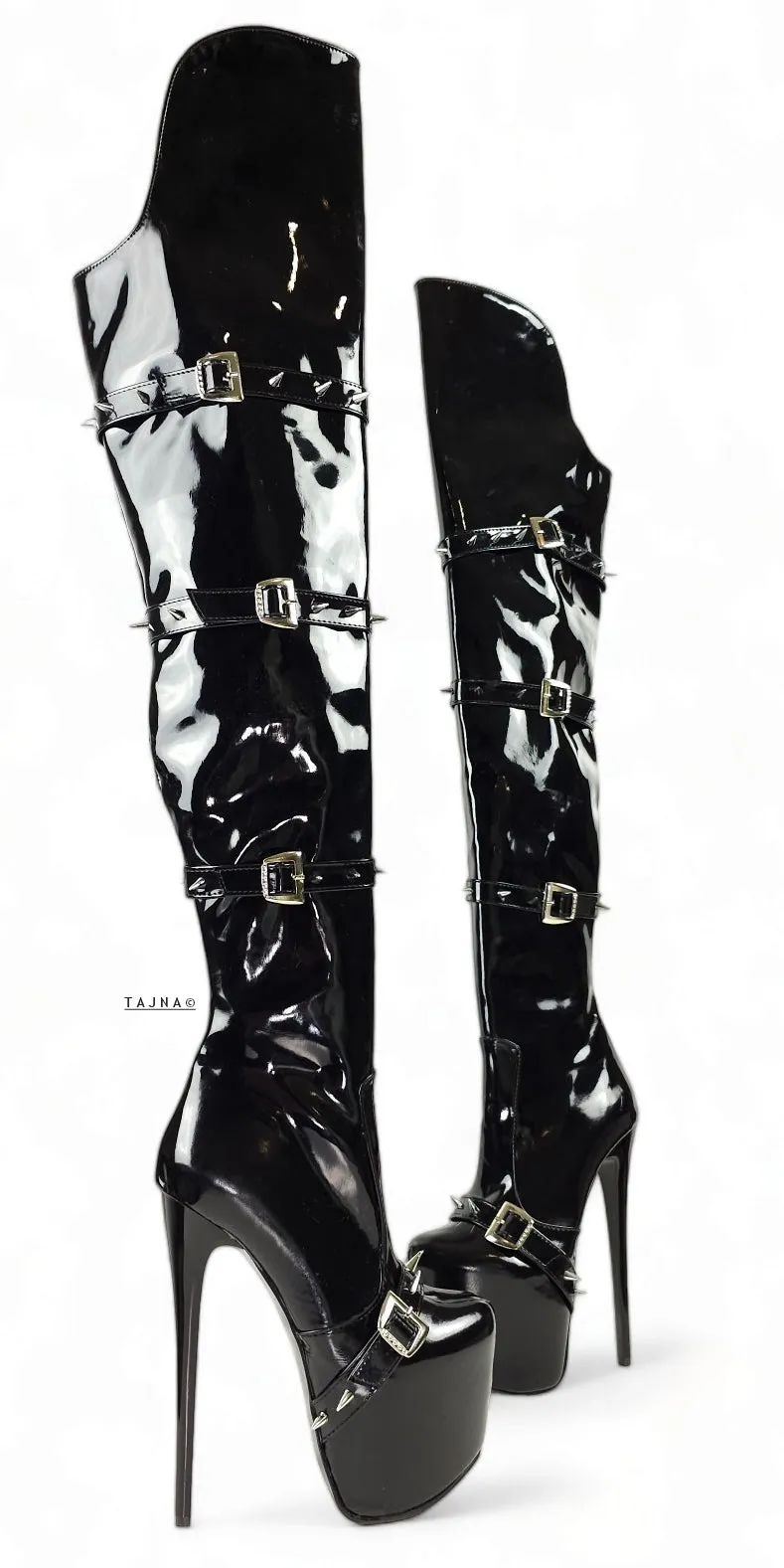 Black Gloss Spike Belted Thigh High Platform Boots