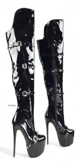 Black Gloss Spike Belted Thigh High Platform Boots