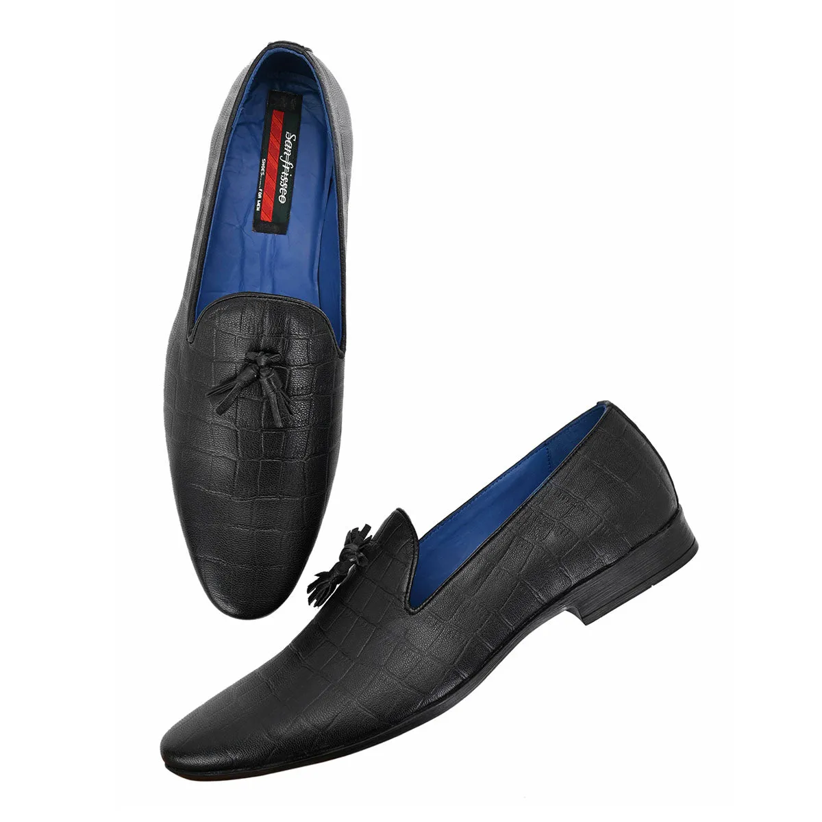 Black Textured Tassel Loafers