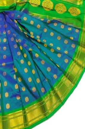 Blue And Green Shot Handloom Paithani Pure Silk Saree