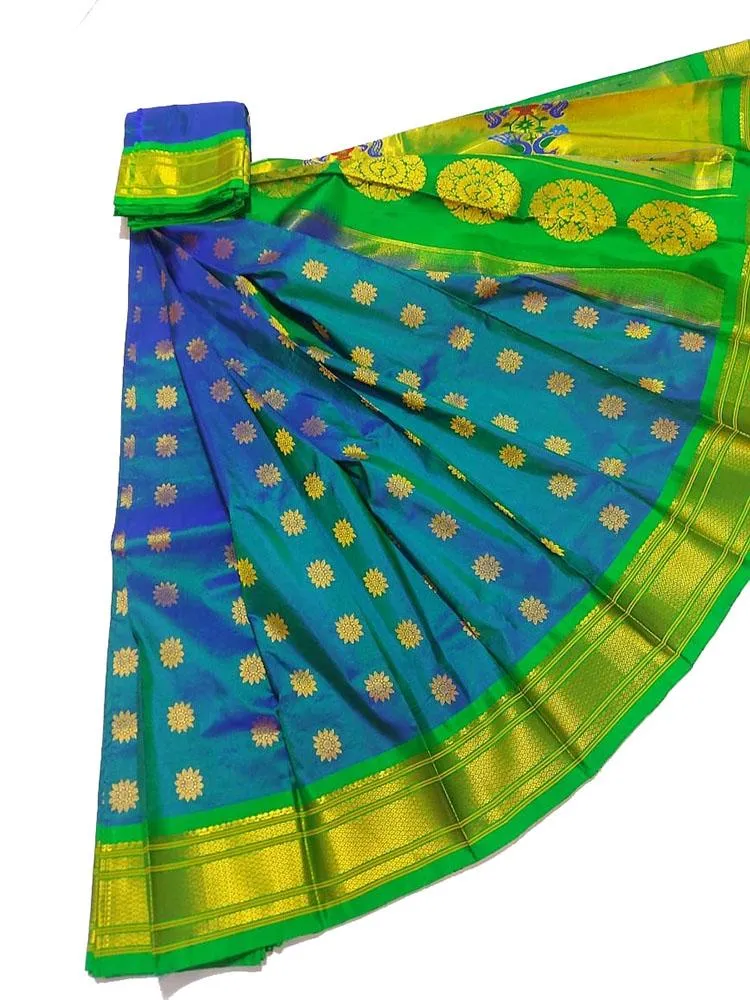 Blue And Green Shot Handloom Paithani Pure Silk Saree